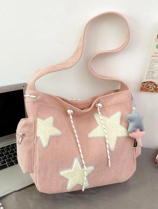 Women's 1 Piece Star Pattern Cute Tote Bag, Casual Large Capacity Everything Tote Bag for Daily Used, Drawstring Design Tote Bag for School & College & Work Tote Bag