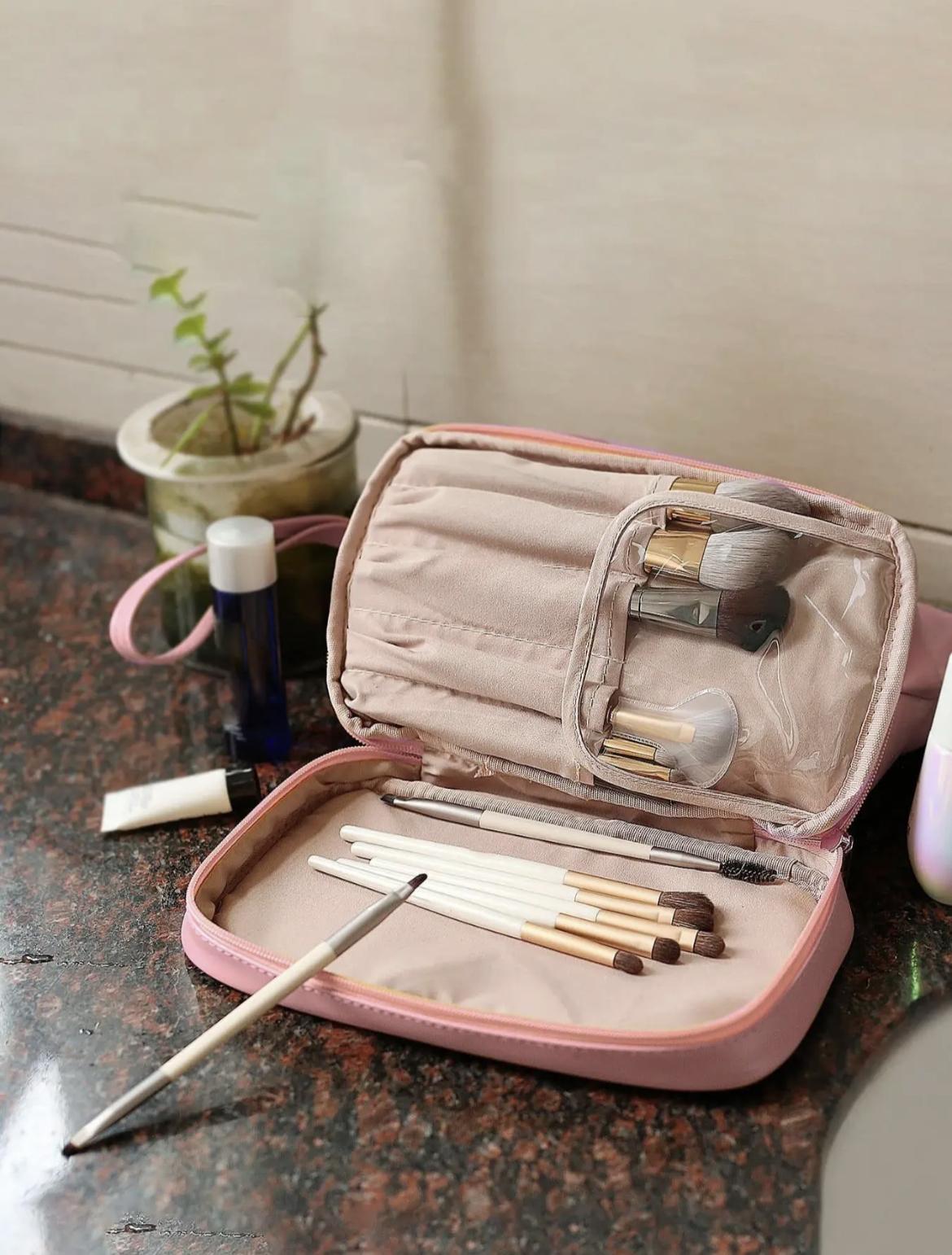 Solid Color Double Layer Makeup Bag, 1 Piece Portable Cosmetic Storage Bag For Women. Portable Toiletry Bag