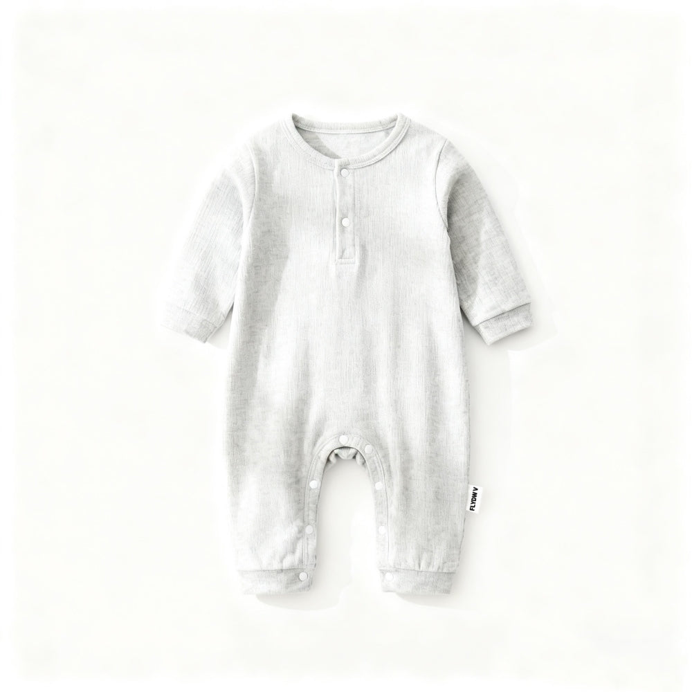 Long Sleeve Henley Romper, Soft Ribbed Cotton One Piece Jumpsuit with Snap Closure, Unisex for Sleep & Play, Heather Gray