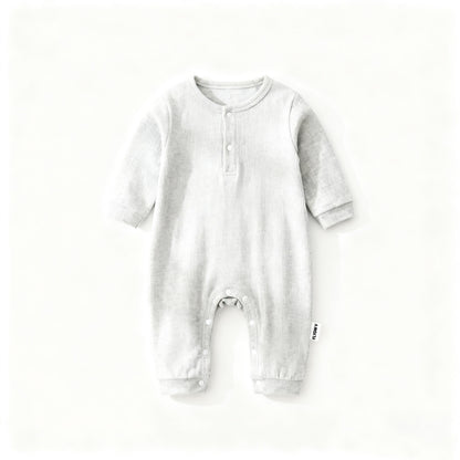 Long Sleeve Henley Romper, Soft Ribbed Cotton One Piece Jumpsuit with Snap Closure, Unisex for Sleep & Play, Heather Gray