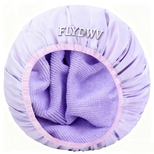 Towel-Lined Satin Shower Cap for Women, Reusable Hair Drying Bath Cap with Soft Absorbent Terry Lining, Elastic Band for Curly/Long Hair, Spa Shower Hat (Lavender)