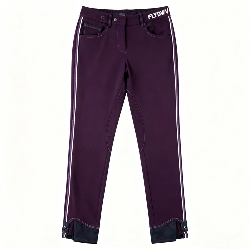 Women’s Equestrian Riding Breeches, Stretch Horse Riding Pants with Knee Patch, Mid-Rise Jodhpurs with Ankle Strap, Plum Purple