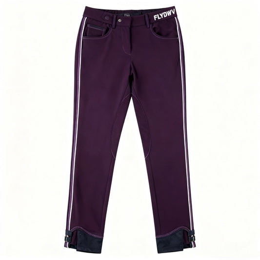 Women’s Equestrian Riding Breeches, Stretch Horse Riding Pants with Knee Patch, Mid-Rise Jodhpurs with Ankle Strap, Plum Purple