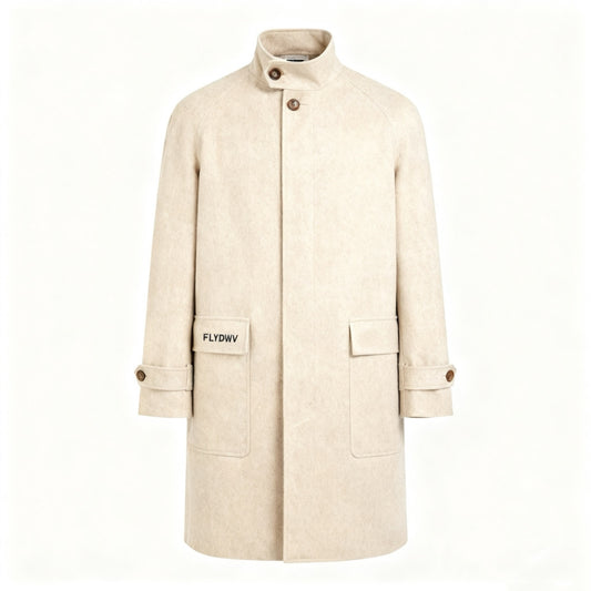 Women’s Blend Gabardine Stand Collar Long Coat, Mid-Length Single-Breasted Winter Overcoat with Flap Pockets (Cream)