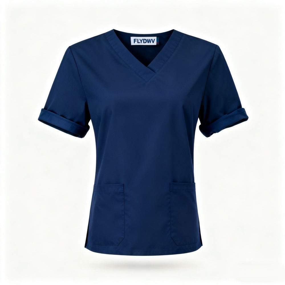Women's 2-Piece Set, V-Neck Short Sleeve Top with 2 Pockets + Straight Leg Pants, Easy-Care Workwear