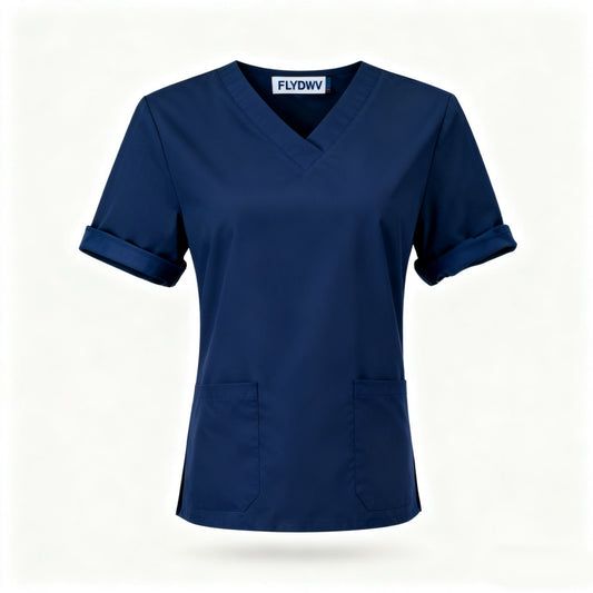 Women's 2-Piece Set, V-Neck Short Sleeve Top with 2 Pockets + Straight Leg Pants, Easy-Care Workwear