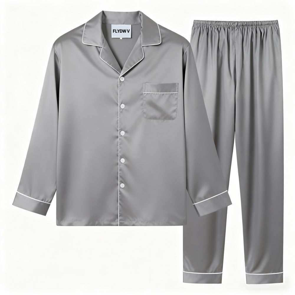 Women's Satin Pajama Set, Long Sleeve Sleepwear with Button-Down Shirt and Elastic Waist Pants, Silky Soft Nightwear, Grey