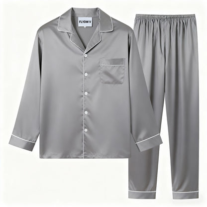 Women's Satin Pajama Set, Long Sleeve Sleepwear with Button-Down Shirt and Elastic Waist Pants, Silky Soft Nightwear, Grey