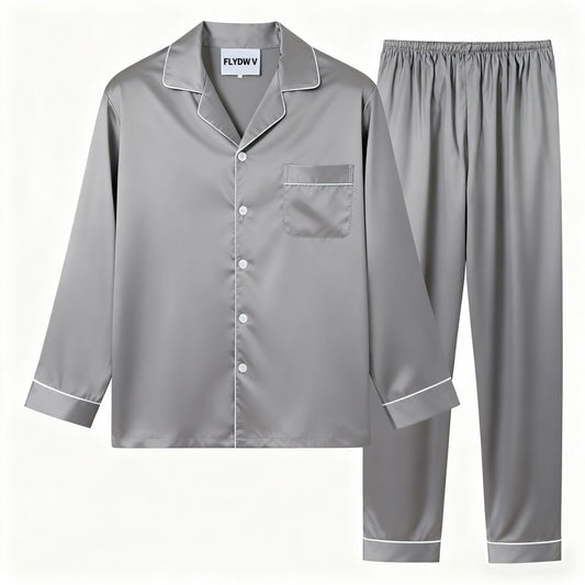 Women's Satin Pajama Set, Long Sleeve Sleepwear with Button-Down Shirt and Elastic Waist Pants, Silky Soft Nightwear, Grey