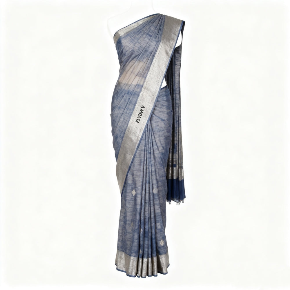 Women’s Blue Gray Saree with Silver Border, Textured Draping Sari with Tassel Pallu for Party, Wedding & Festive Wear