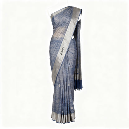 Women’s Blue Gray Saree with Silver Border, Textured Draping Sari with Tassel Pallu for Party, Wedding & Festive Wear