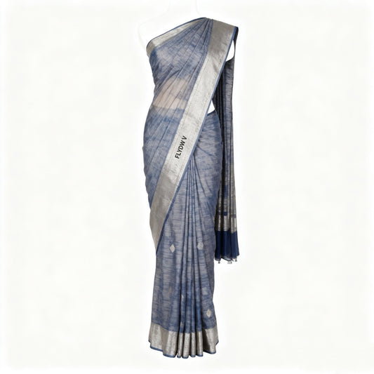 Women’s Blue Gray Saree with Silver Border, Textured Draping Sari with Tassel Pallu for Party, Wedding & Festive Wear