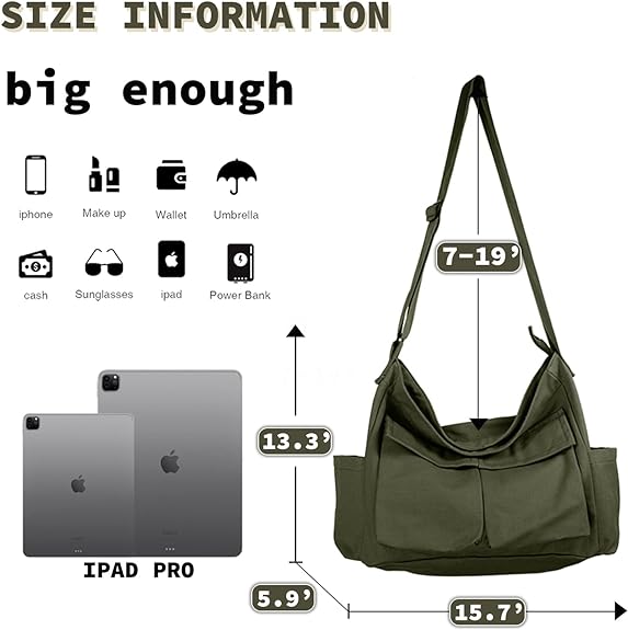 Canvas Messenger Bag Large Hobo Crossbody Bag with Multiple Pockets Casual Shoulder Tote Bag for Women and Men