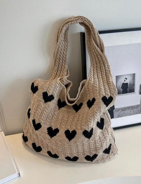 Fashion Heart Pattern Crochet Tote Bag, 1 Piece Casual Large Capacity Shoulder Bag for Women, Female Trendy School Bag for Daily Wear, Christmas Gift Xmas New Year Gift