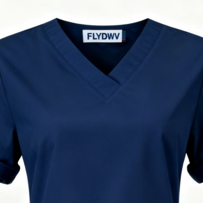 Women's 2-Piece Set, V-Neck Short Sleeve Top with 2 Pockets + Straight Leg Pants, Easy-Care Workwear