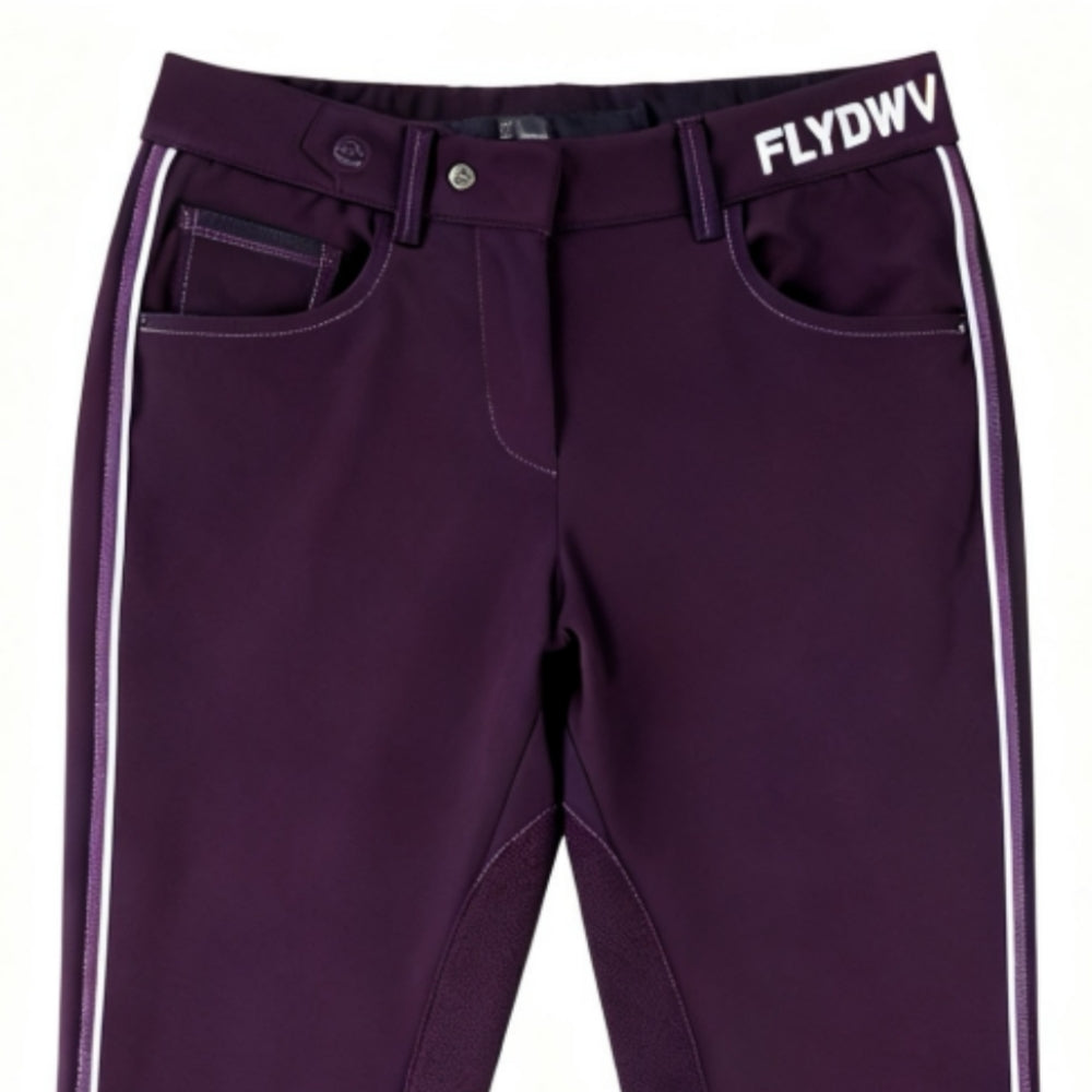 Women’s Equestrian Riding Breeches, Stretch Horse Riding Pants with Knee Patch, Mid-Rise Jodhpurs with Ankle Strap, Plum Purple