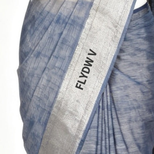 Women’s Blue Gray Saree with Silver Border, Textured Draping Sari with Tassel Pallu for Party, Wedding & Festive Wear