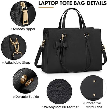 Laptop Bag for Women 15.6 inch Laptop Tote Bag Waterproof Leather Computer Bag Lightweight Womens Briefcase Professional Business Office Work Bag Large Capacity Handbag Shoulder Bag Black