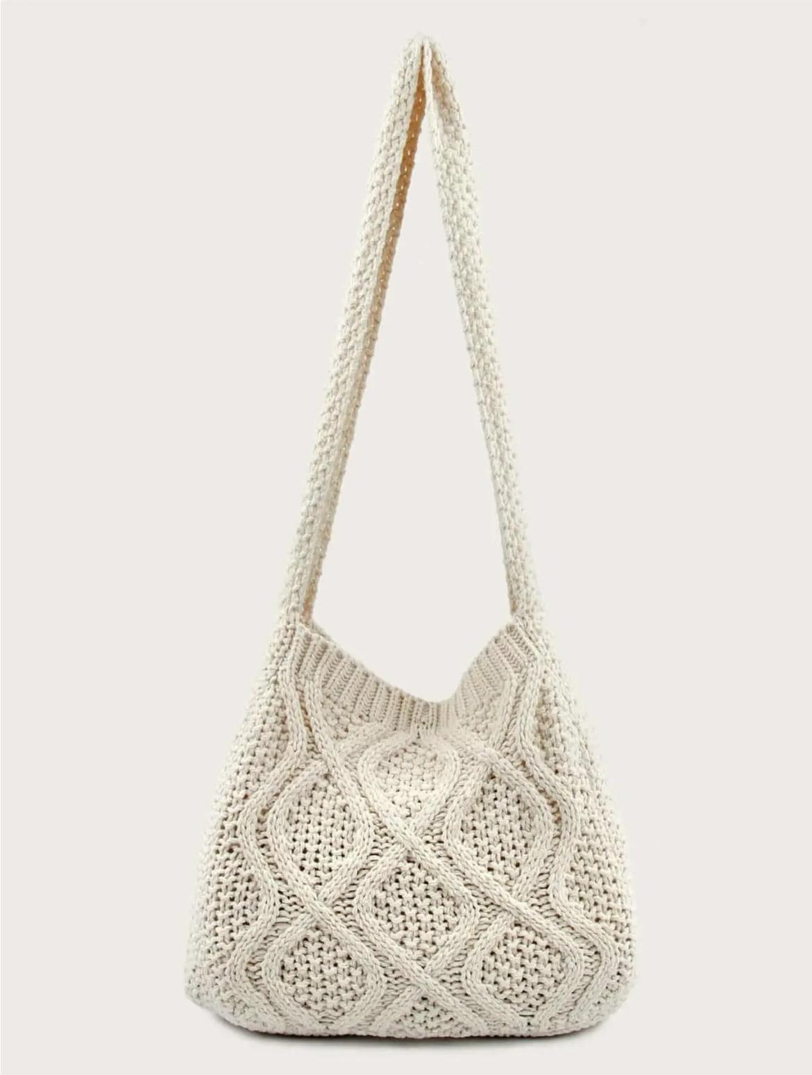 Women's Minimalist Solid Color Crochet Shoulder Bag, Simple Design Plain Crossbody Bag, Casual Fashionable Knitting Bag, Leisure Style Large Capacity Tote Bag For Women