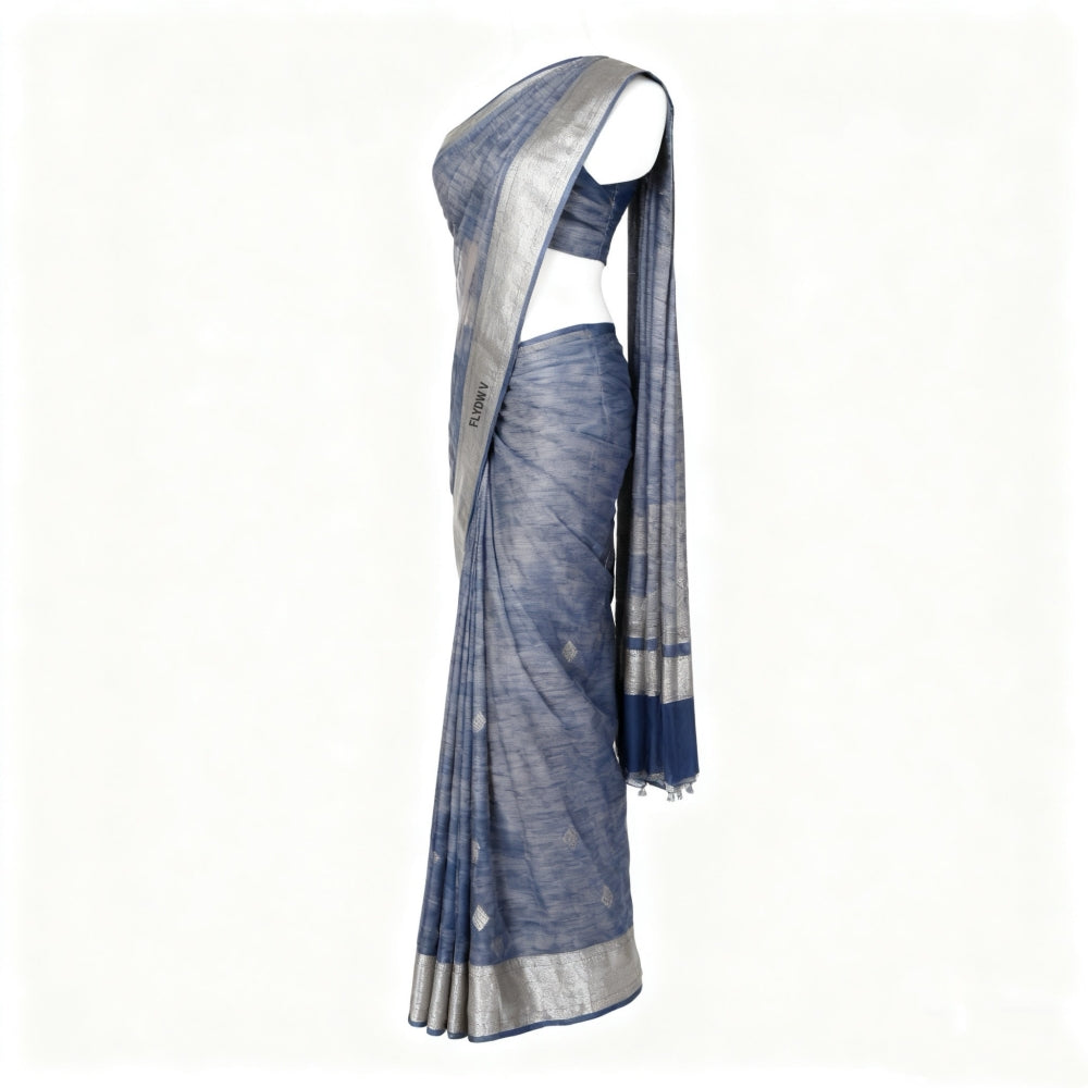 Women’s Blue Gray Saree with Silver Border, Textured Draping Sari with Tassel Pallu for Party, Wedding & Festive Wear