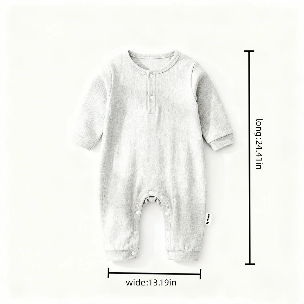 Long Sleeve Henley Romper, Soft Ribbed Cotton One Piece Jumpsuit with Snap Closure, Unisex for Sleep & Play, Heather Gray