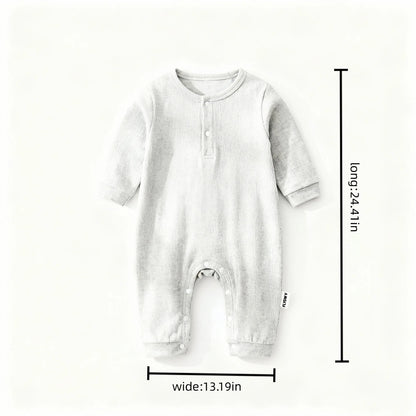 Long Sleeve Henley Romper, Soft Ribbed Cotton One Piece Jumpsuit with Snap Closure, Unisex for Sleep & Play, Heather Gray