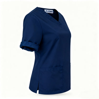 Women's 2-Piece Set, V-Neck Short Sleeve Top with 2 Pockets + Straight Leg Pants, Easy-Care Workwear