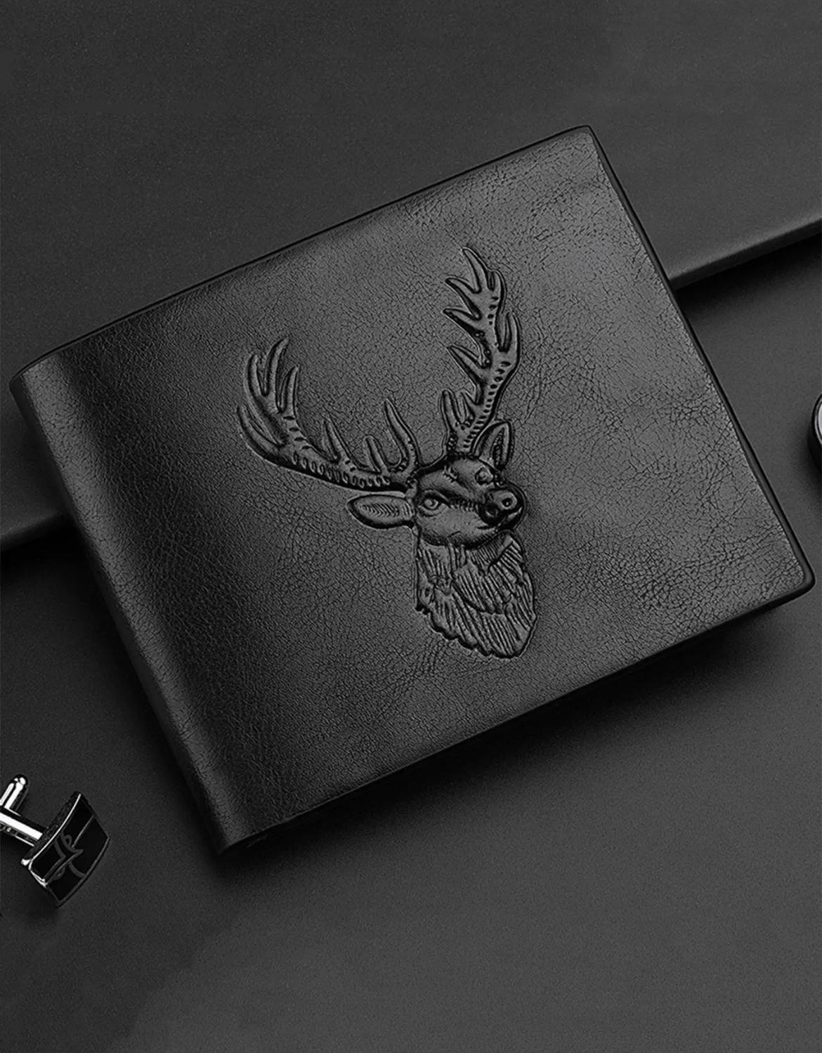 Men's 1 Piece Minimalist Casual Deer Design Short Wallet, Business Style Pu Leather Card Slot Wallet For Daily Used