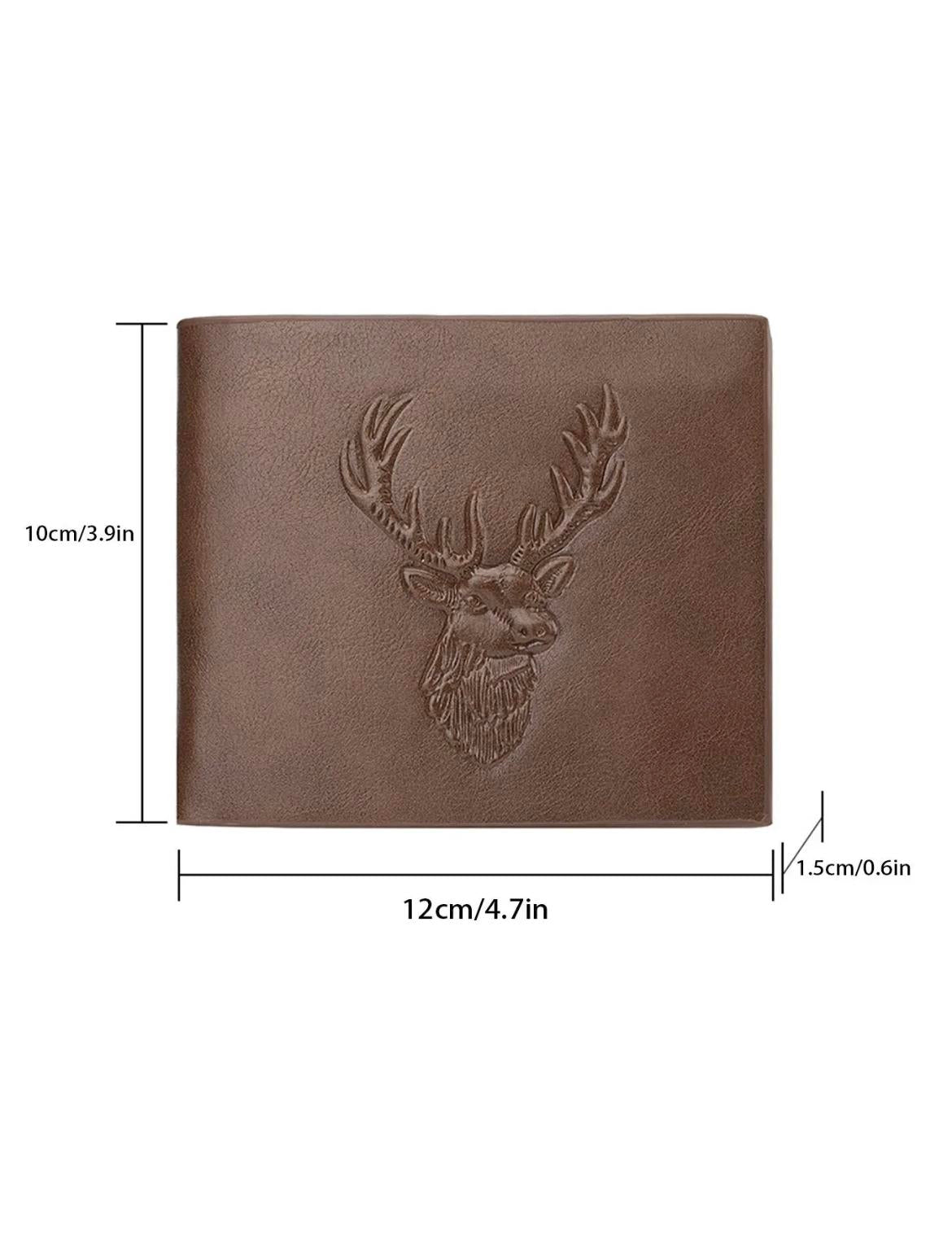 Men's 1 Piece Minimalist Casual Deer Design Short Wallet, Business Style Pu Leather Card Slot Wallet For Daily Used