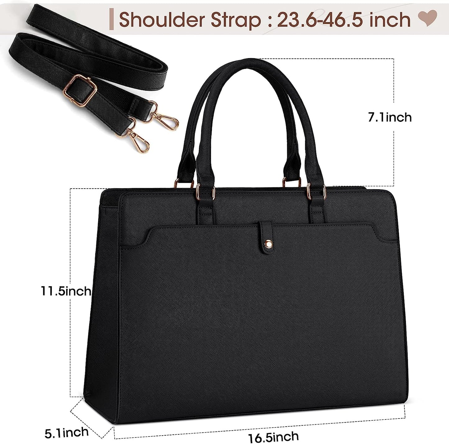 Laptop Bag for Women 15.6 Inch Laptop Tote Bag Leather Work Bag Waterproof Briefcase Business Office Computer Bag Large Capacity Handbag Shoulder Bag Black