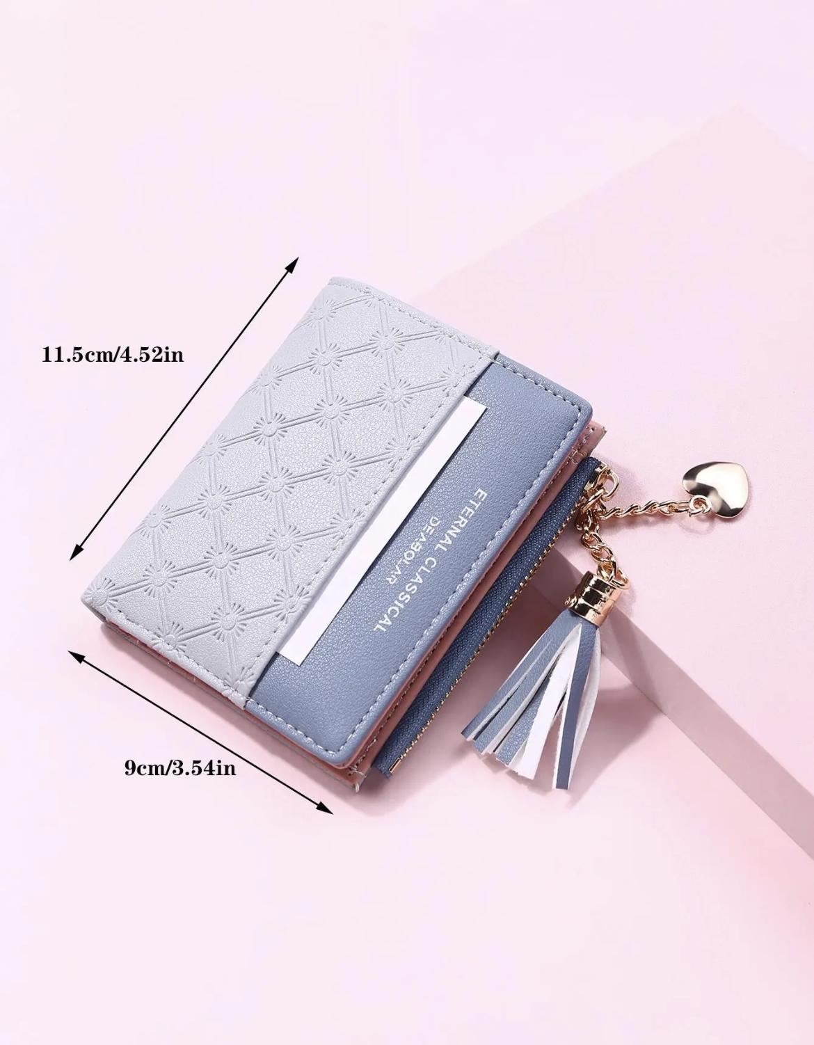 Fashion Color-Block PU Leather Texture Zipper Short Wallet for Women, 1 Piece Tassel Heart-Shaped Pendant Decorated with Multiple Card Slots Bifold Coin Purse