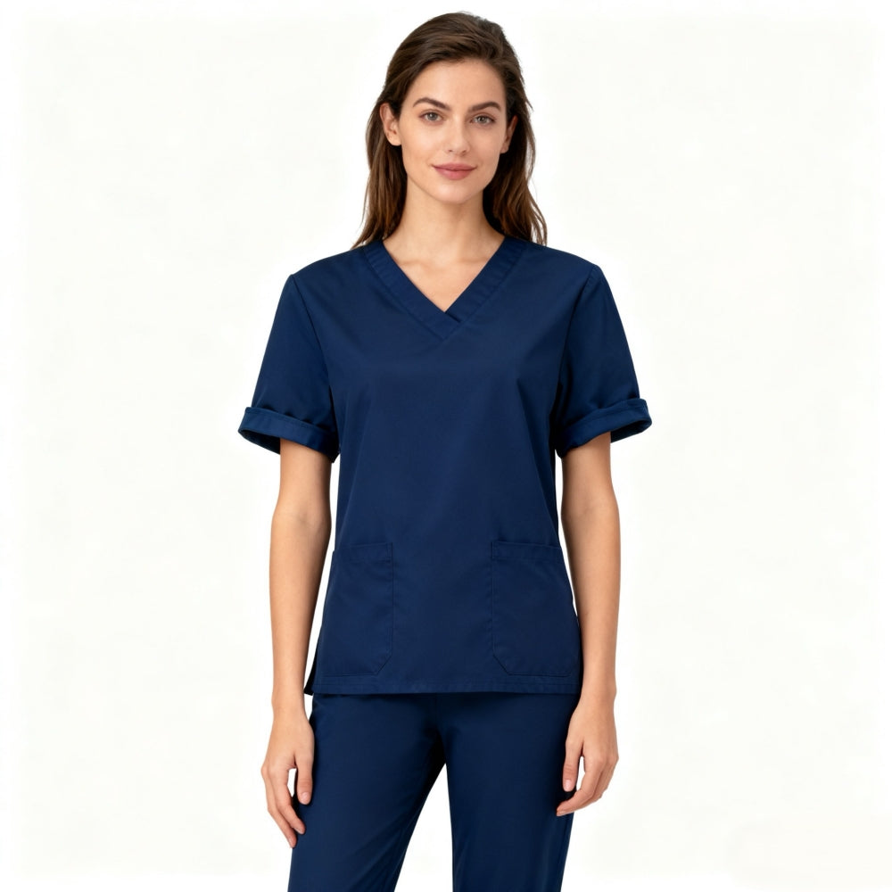 Women's 2-Piece Set, V-Neck Short Sleeve Top with 2 Pockets + Straight Leg Pants, Easy-Care Workwear