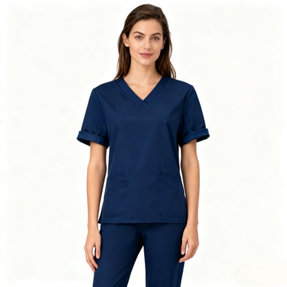 Women's 2-Piece Set, V-Neck Short Sleeve Top with 2 Pockets + Straight Leg Pants, Easy-Care Workwear