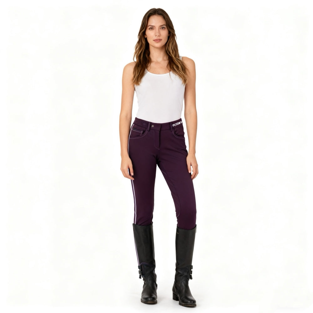 Women’s Equestrian Riding Breeches, Stretch Horse Riding Pants with Knee Patch, Mid-Rise Jodhpurs with Ankle Strap, Plum Purple
