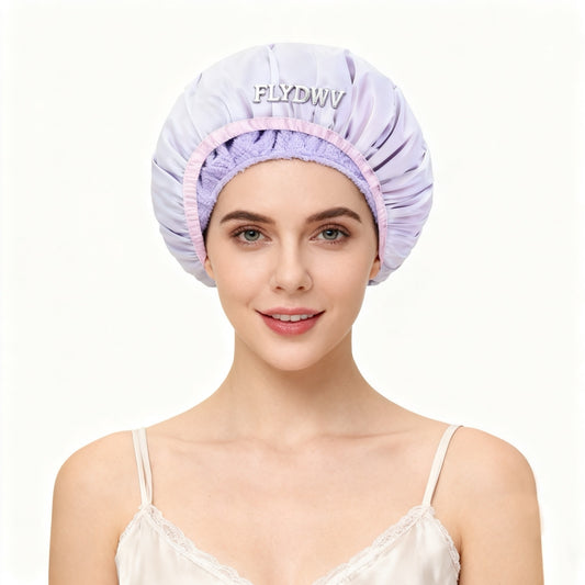 Towel-Lined Satin Shower Cap for Women, Reusable Hair Drying Bath Cap with Soft Absorbent Terry Lining, Elastic Band for Curly/Long Hair, Spa Shower Hat (Lavender)