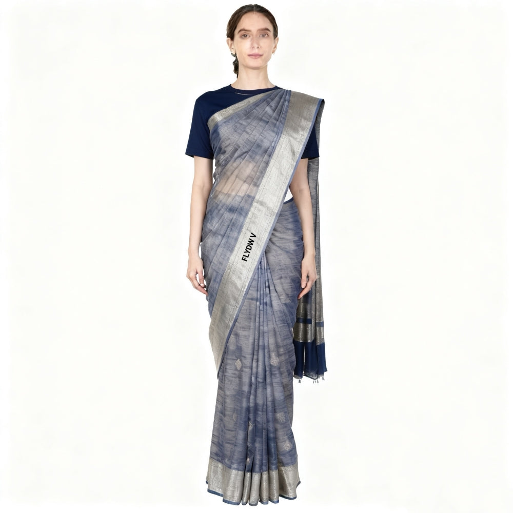 Women’s Blue Gray Saree with Silver Border, Textured Draping Sari with Tassel Pallu for Party, Wedding & Festive Wear