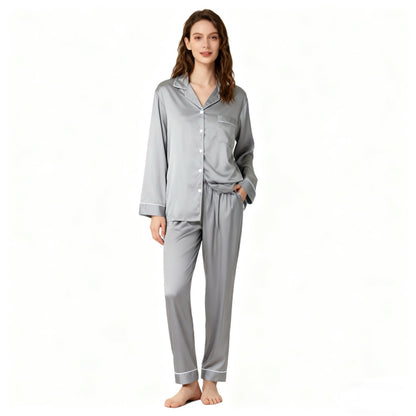 Women's Satin Pajama Set, Long Sleeve Sleepwear with Button-Down Shirt and Elastic Waist Pants, Silky Soft Nightwear, Grey