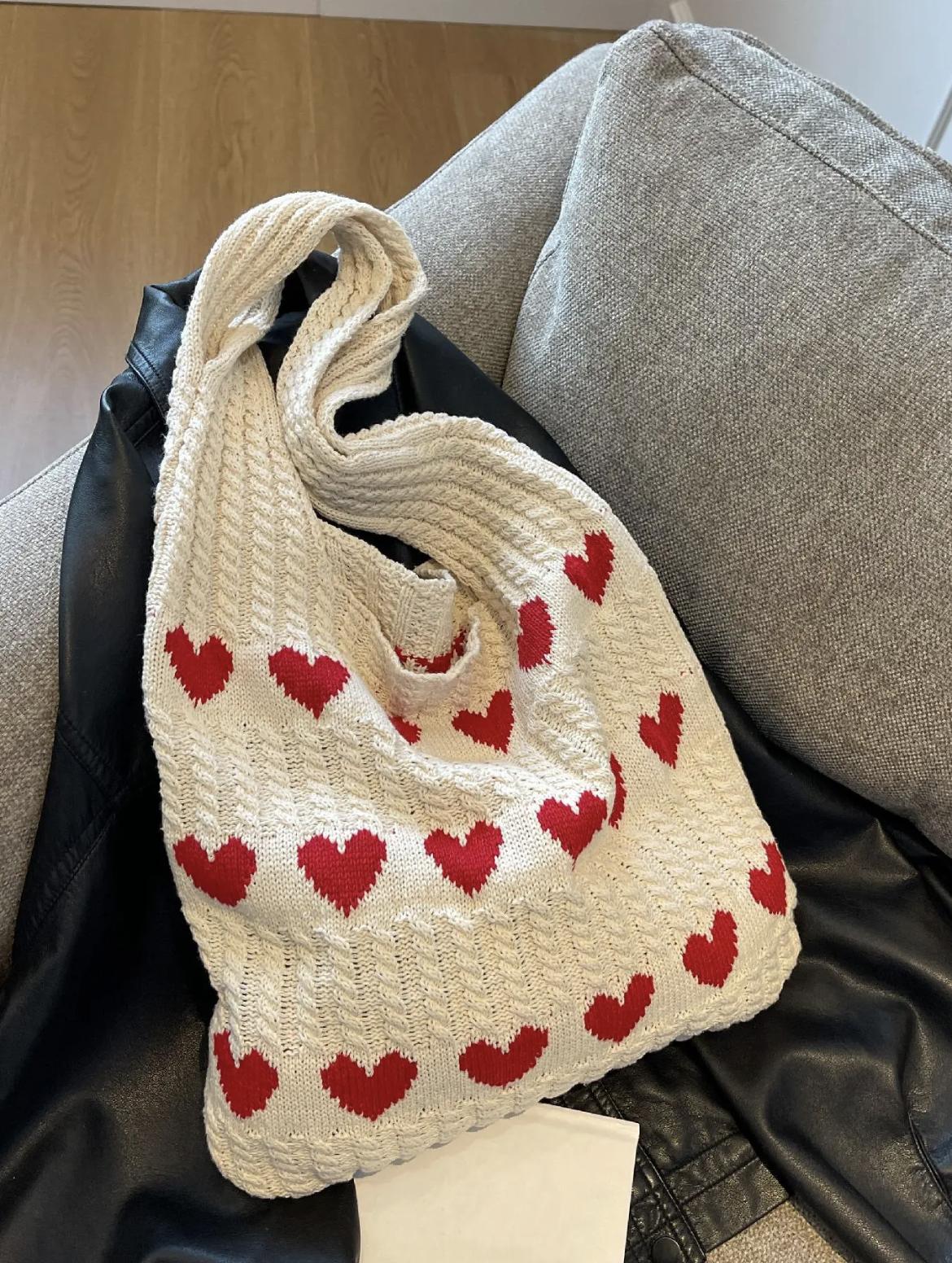 Fashion Heart Pattern Crochet Tote Bag, 1 Piece Casual Large Capacity Shoulder Bag for Women, Female Trendy School Bag for Daily Wear, Christmas Gift Xmas New Year Gift