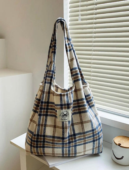 Women's Plaid Minimalist Tote Bag, Vintage Style Casual Plaid Label Decor Large Volume Tote Bag, Fashionable Tote Bag For Work & Daily Used