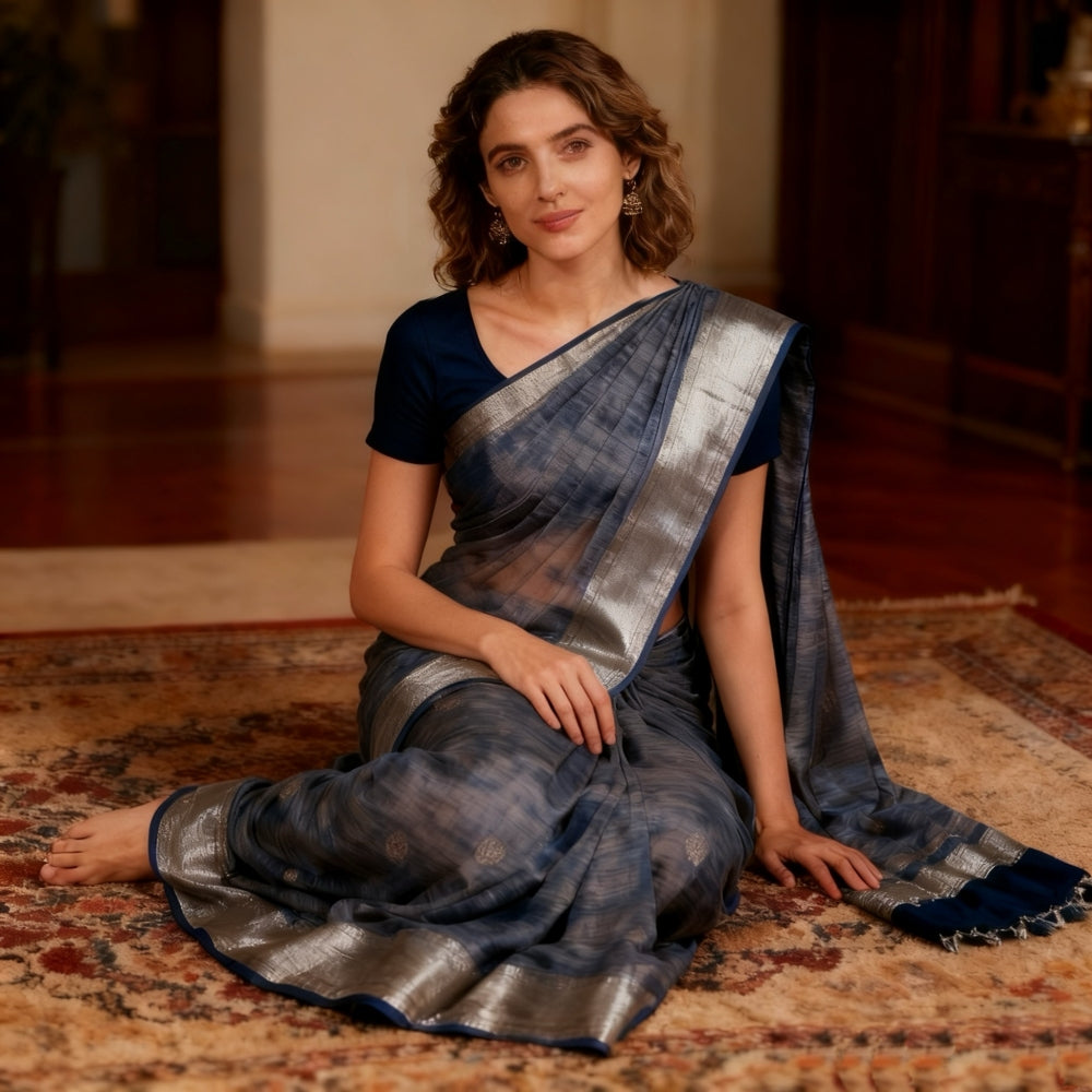 Women’s Blue Gray Saree with Silver Border, Textured Draping Sari with Tassel Pallu for Party, Wedding & Festive Wear