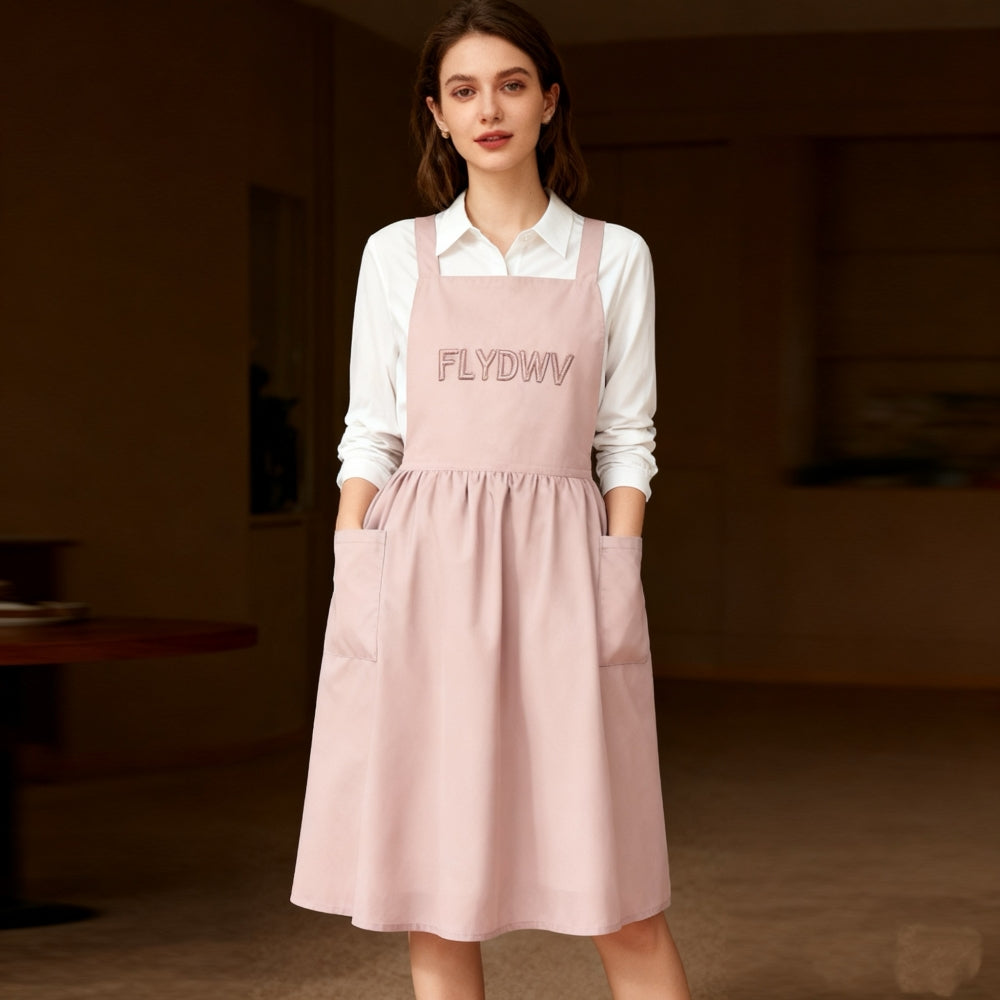 Women’s Apron Dress, Cross Back Pinafore Style with Pockets, Sleeveless A-Line Work Dress for Kitchen, Garden, Cafe, Blush Pink