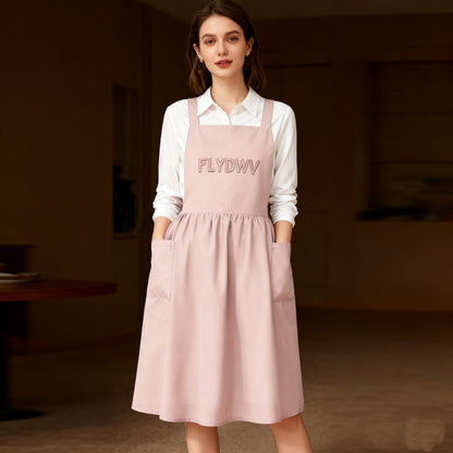 Women’s Apron Dress, Cross Back Pinafore Style with Pockets, Sleeveless A-Line Work Dress for Kitchen, Garden, Cafe, Blush Pink