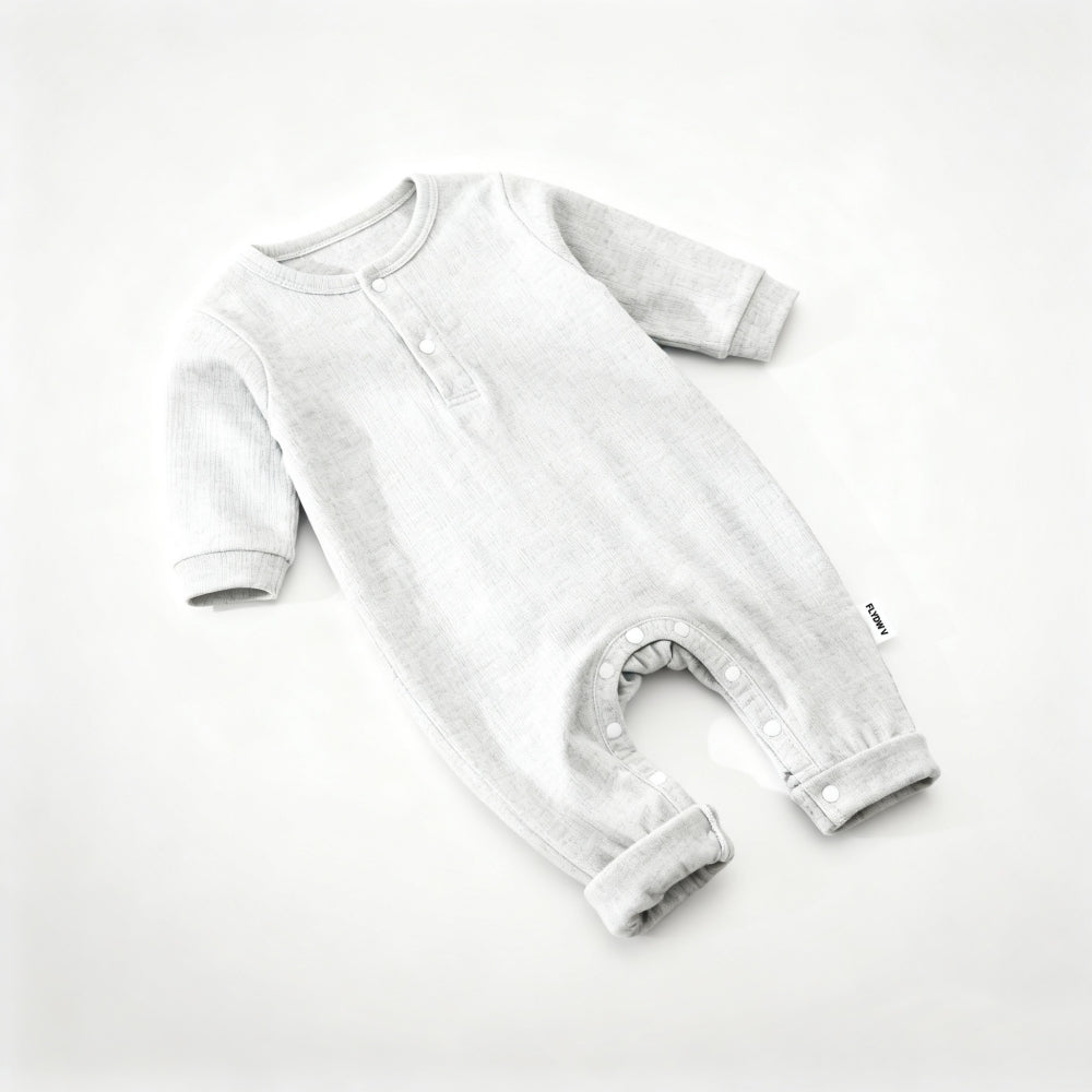 Long Sleeve Henley Romper, Soft Ribbed Cotton One Piece Jumpsuit with Snap Closure, Unisex for Sleep & Play, Heather Gray