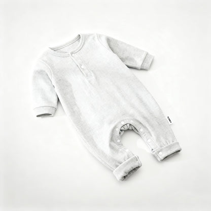 Long Sleeve Henley Romper, Soft Ribbed Cotton One Piece Jumpsuit with Snap Closure, Unisex for Sleep & Play, Heather Gray