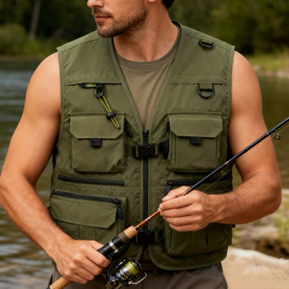 Fly Fishing Vest for Men, Water-Resistant Quick-Dry Utility Vest, Breathable Mesh Multi-Pocket Storage, D-Rings & Adjustable Side Straps