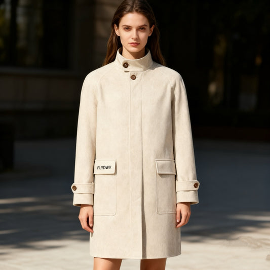 Women’s Blend Gabardine Stand Collar Long Coat, Mid-Length Single-Breasted Winter Overcoat with Flap Pockets (Cream)