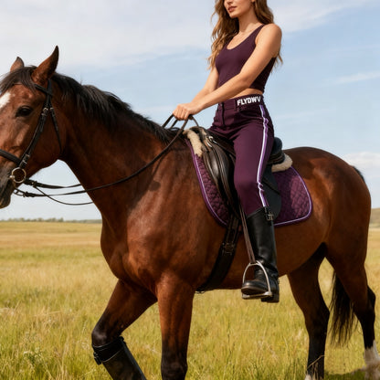 Women’s Equestrian Riding Breeches, Stretch Horse Riding Pants with Knee Patch, Mid-Rise Jodhpurs with Ankle Strap, Plum Purple