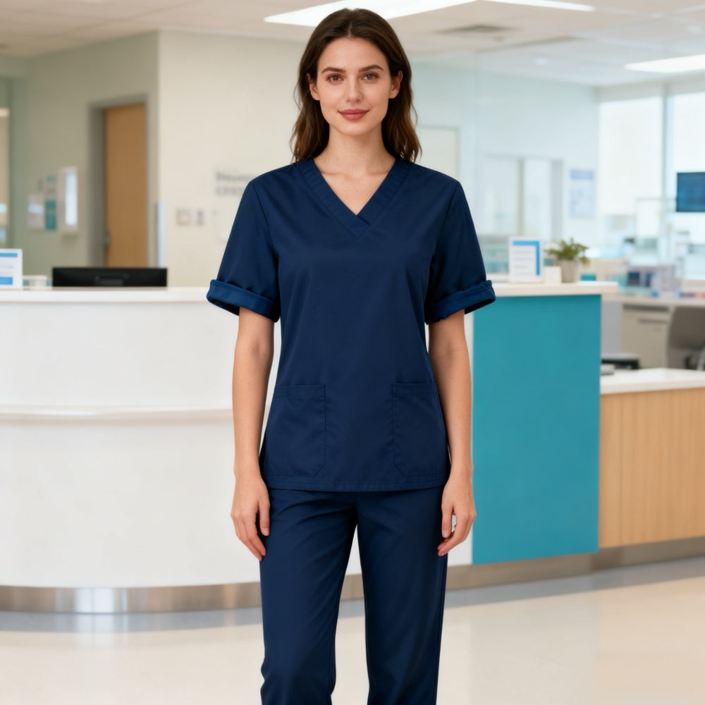 Women's 2-Piece Set, V-Neck Short Sleeve Top with 2 Pockets + Straight Leg Pants, Easy-Care Workwear