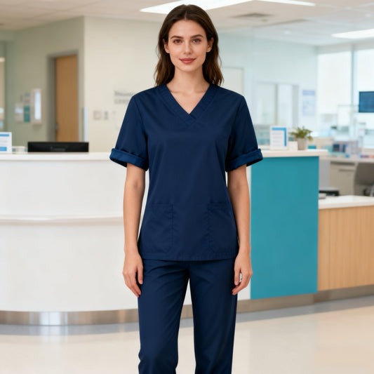 Women's 2-Piece Set, V-Neck Short Sleeve Top with 2 Pockets + Straight Leg Pants, Easy-Care Workwear