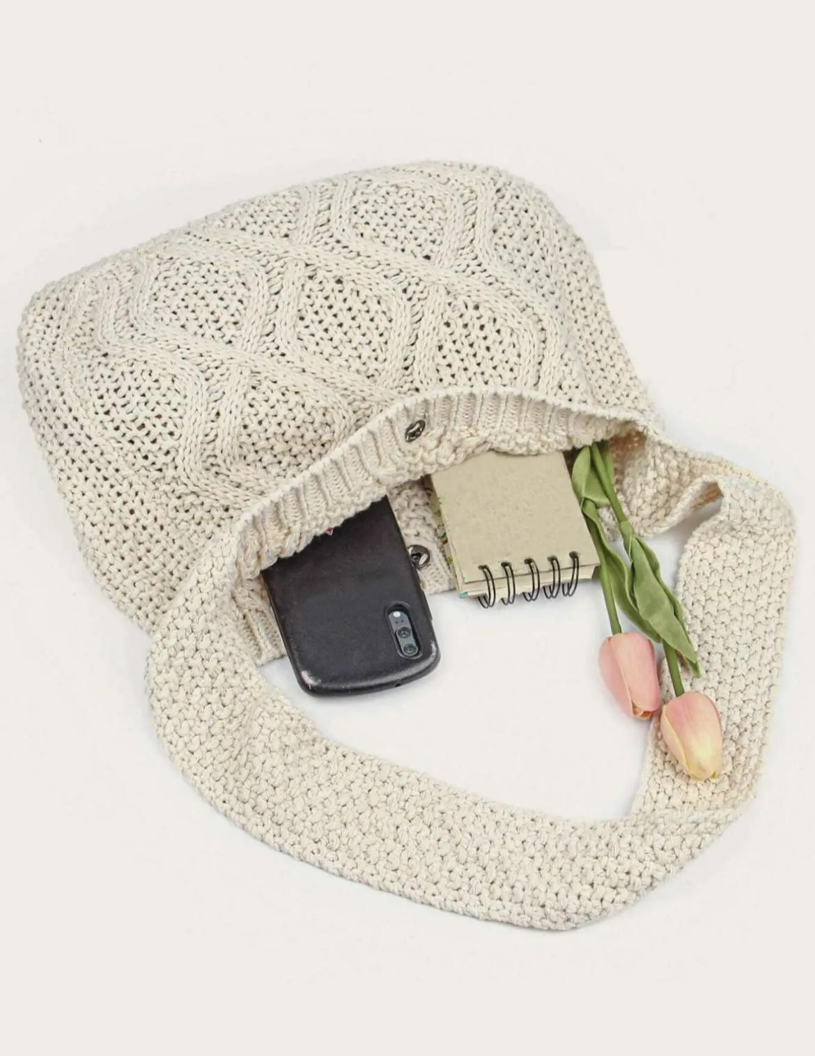 Women's Minimalist Solid Color Crochet Shoulder Bag, Simple Design Plain Crossbody Bag, Casual Fashionable Knitting Bag, Leisure Style Large Capacity Tote Bag For Women